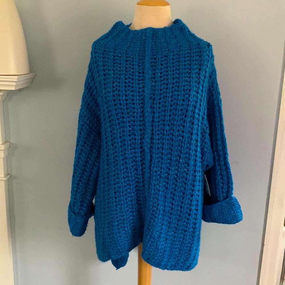 Anthro NWT chunky knit tunic sweater mock neck gorgeous blue cuff sleeve